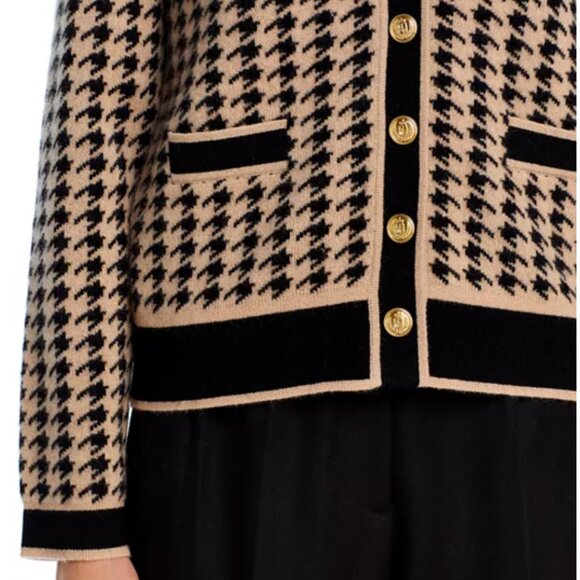 C by Bloomingdale's Cashmere Houndstooth Contrast Trim Cashmere Cardigan-Black/H - Picture 5 of 6